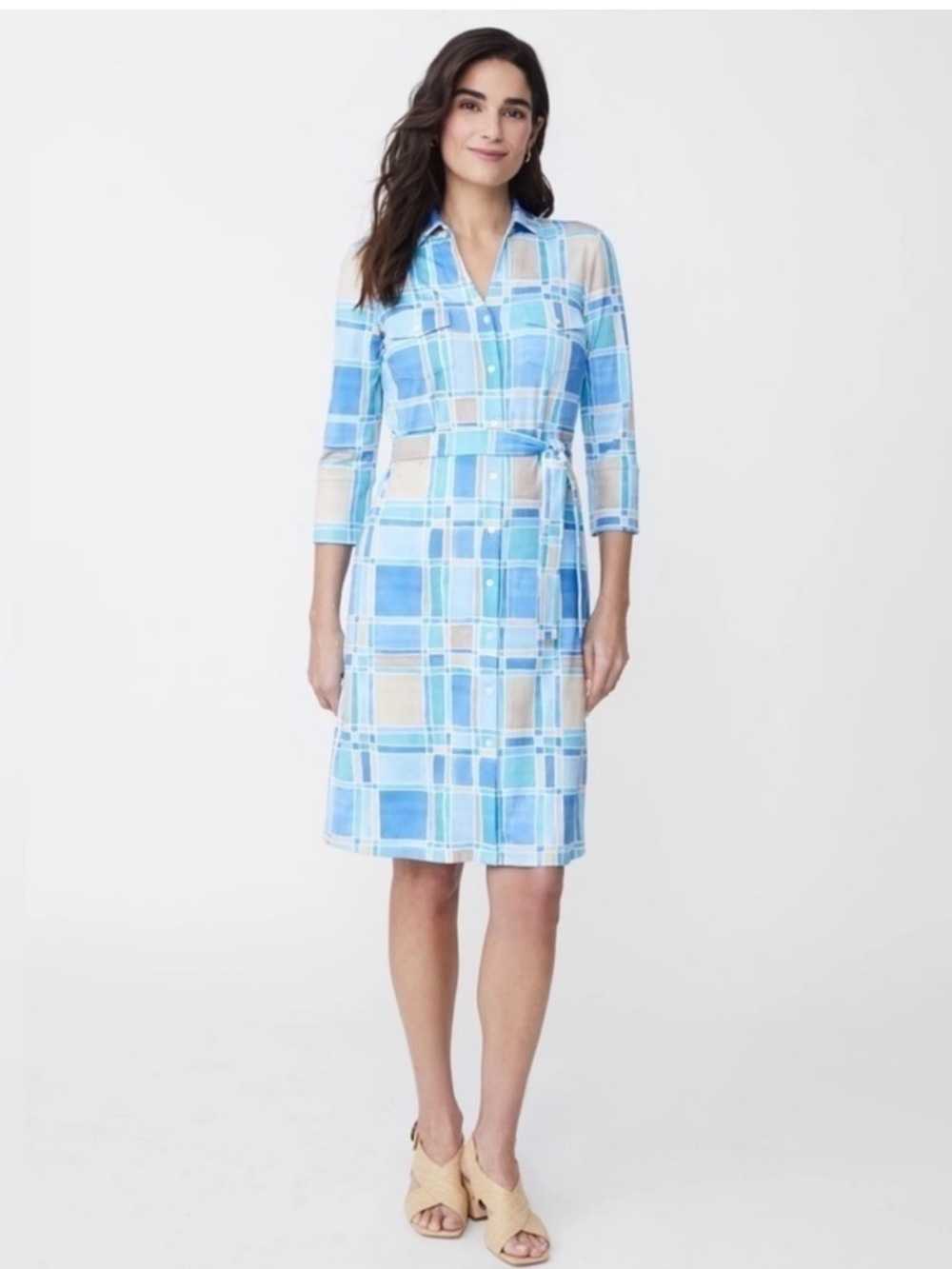 J. McLaughlin Brynn Tile Print Jersey Knit Collared V-Neck 3/4 Sleeve Dress NWT